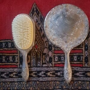 Elegant Silver Vanity Brush and Mirror Set